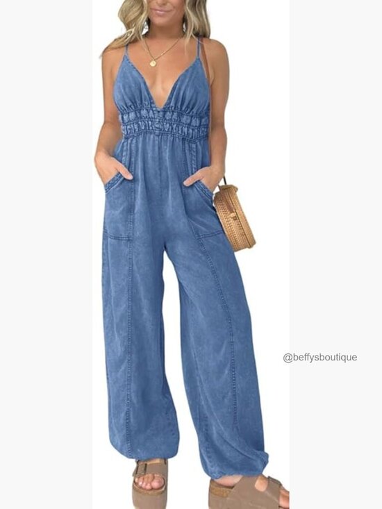 Pants - Smocked Elastic Waist Denim Jumpsuit Sleeveless Wide Leg Overall Romper